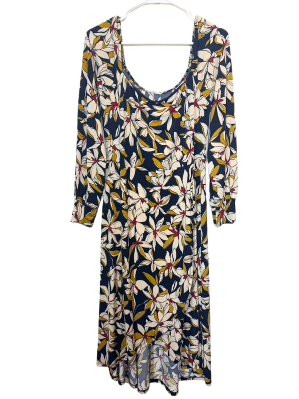 Lush Womens Floral Fit & Flare Dress Size L Navy White 3/4 Sleeve Tie Waist Midi